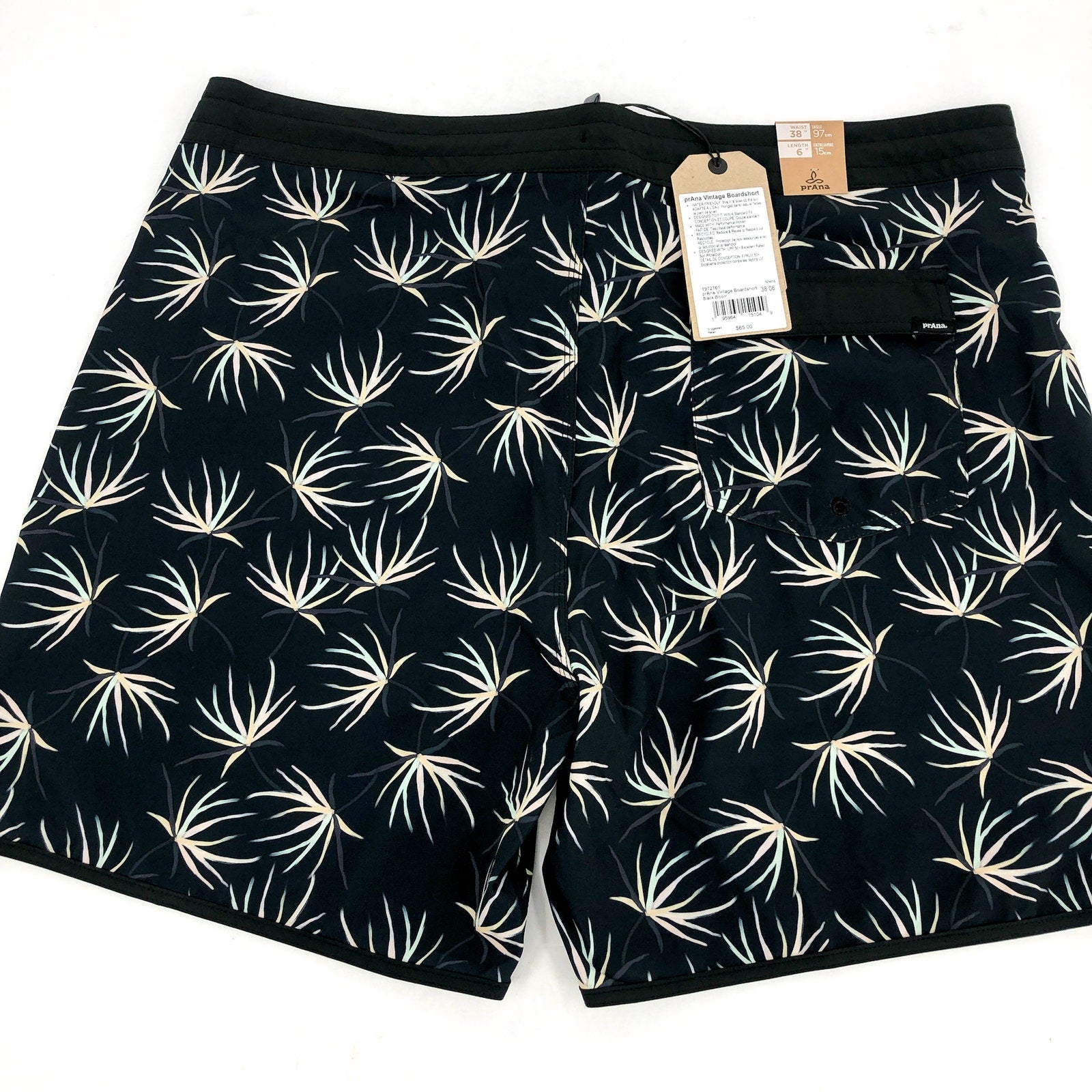 PRANA Men's Vintage Boardshort Size 38 Black Bloom 6" Inseam Drawstring NWT