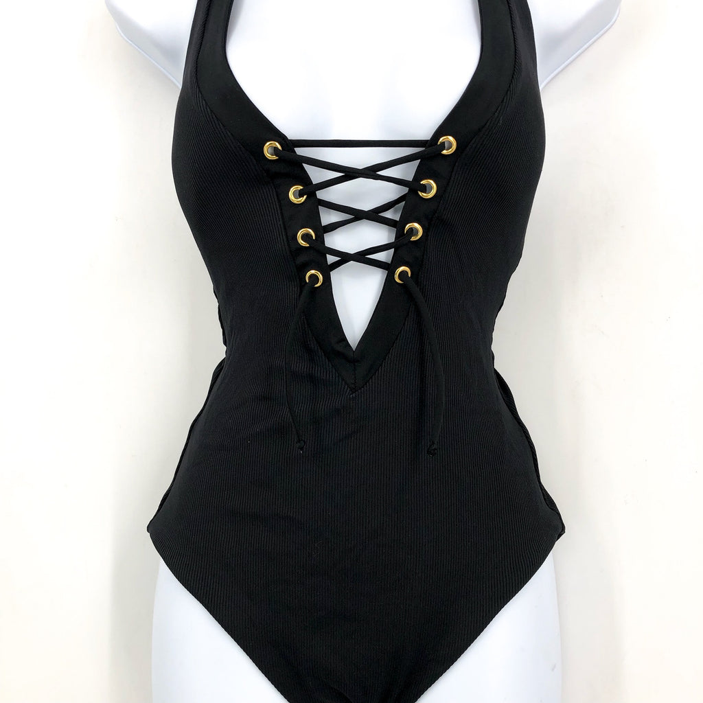 BECCA Women's Modern Edge Gia One Piece Swimsuit Medium Black Lace Up Corset NWT