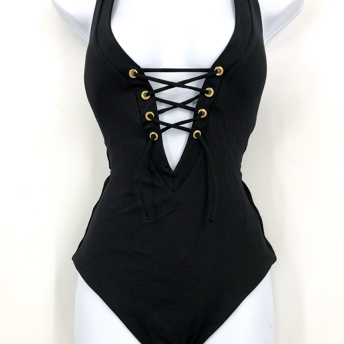 BECCA Women's Modern Edge Gia One Piece Swimsuit Medium Black Lace Up Corset NWT