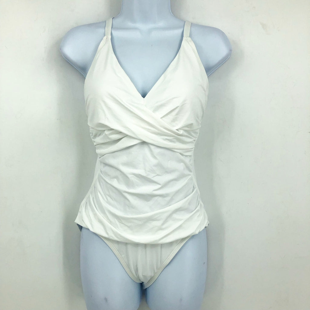 TOMMY BAHAMA Pearl Cross Front One-Piece Swimsuit Size 8 White Over Shoulder NWT