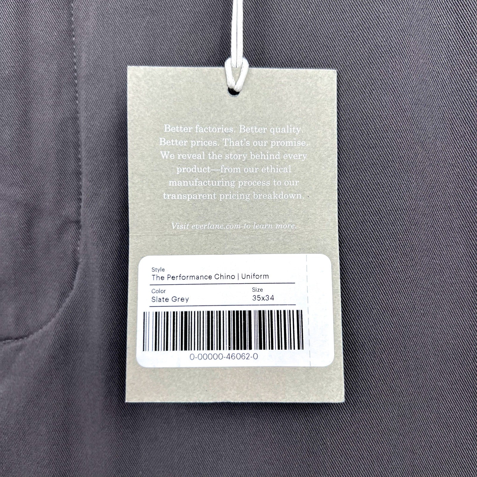 EVERLANE Uniform Mens Performance Chino Pants 35x34 Slate Grey Athletic Fit NWT