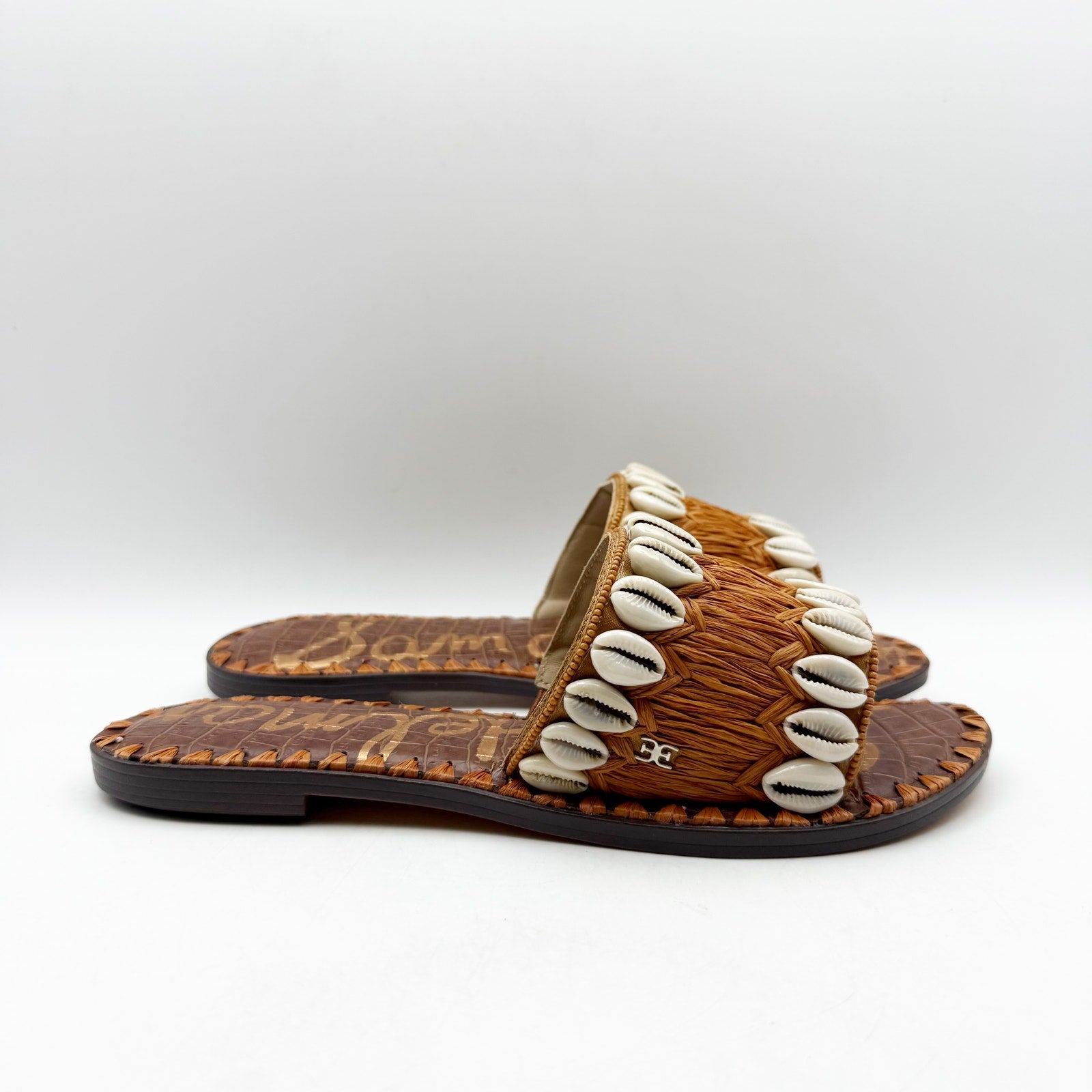 Sam Edelman Womens Gale Sandals US 7.5 M Cognac Tan Seashell Detail Slip On NIB