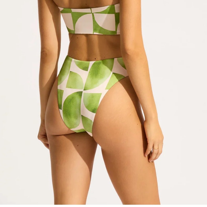 SEAFOLLY Women's Sunray Bikini Bottom Size 4 Green Sage Print High Waisted NWT