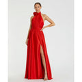 MAC DUGGAL Women's Halter Neck Satin Gown Size 10 Red High Slit Open Back NWT