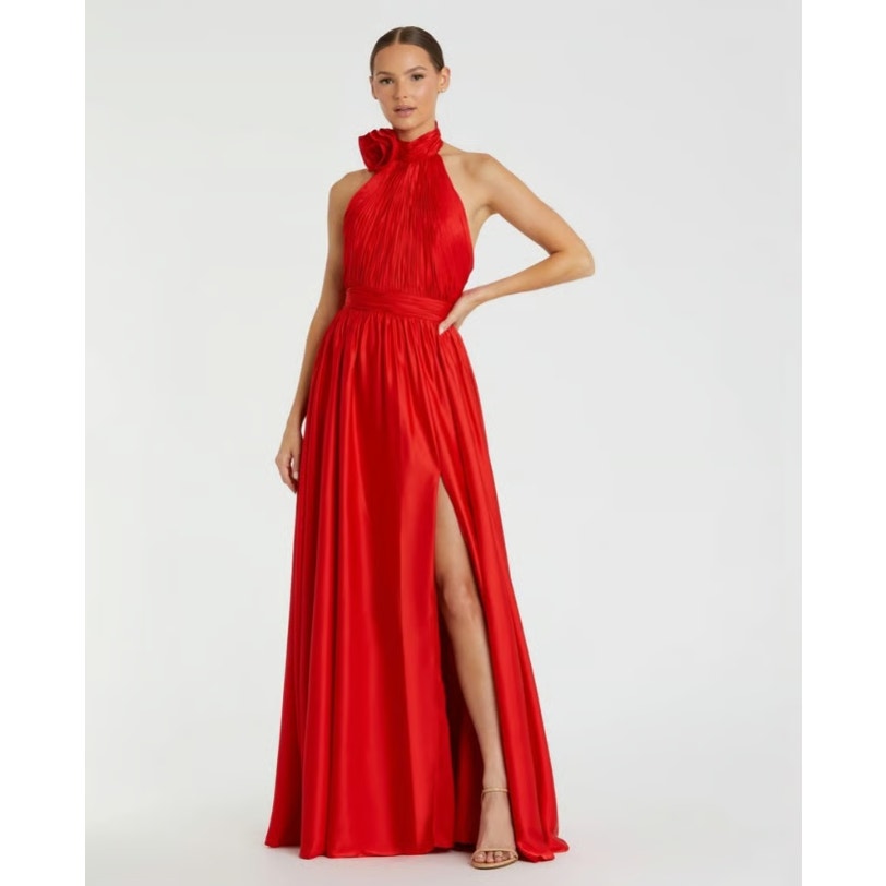 MAC DUGGAL Women's Halter Neck Satin Gown Size 10 Red High Slit Open Back NWT