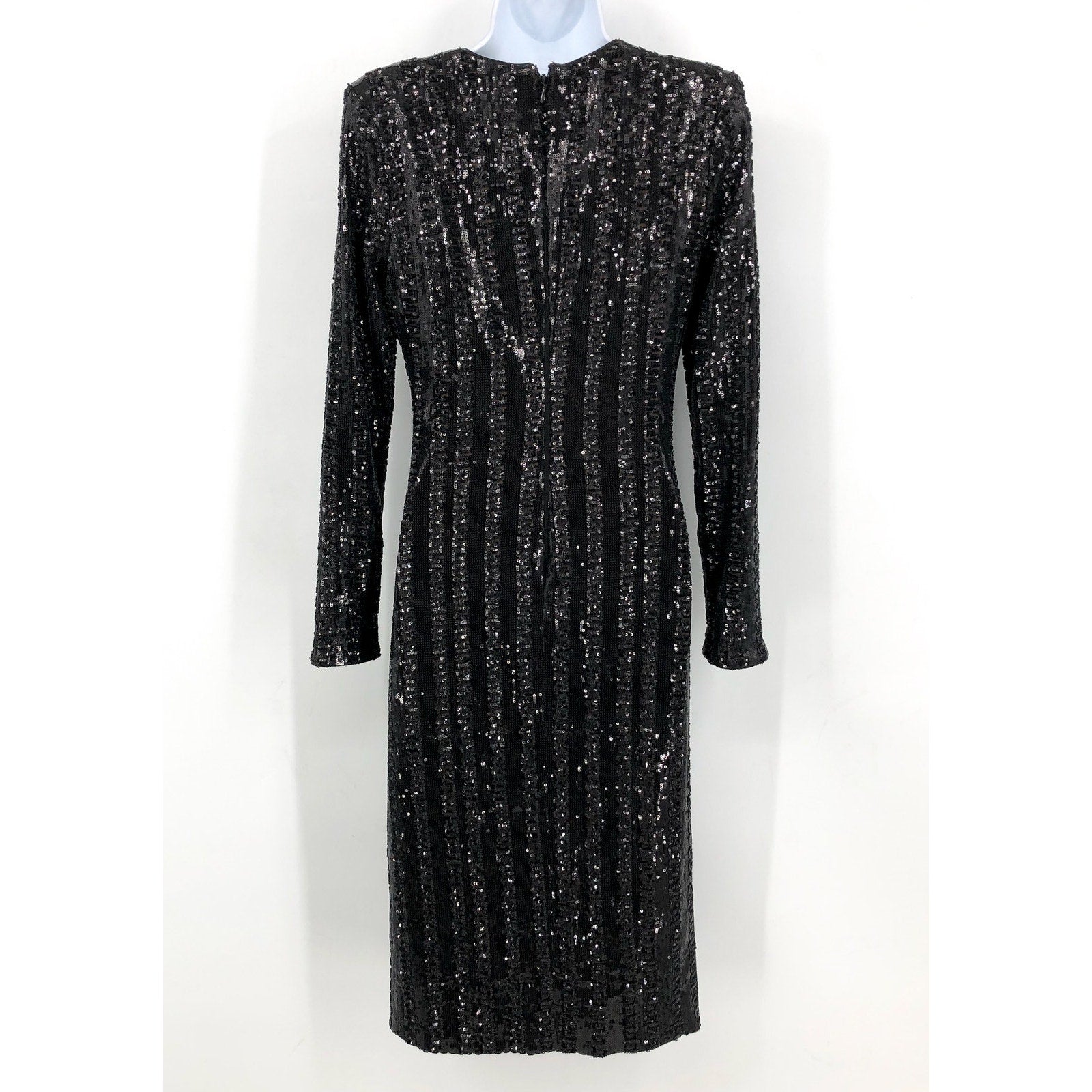 Dress The Population Long Sleeve Sequin Midi Dress Small Black Front Slit NWOT