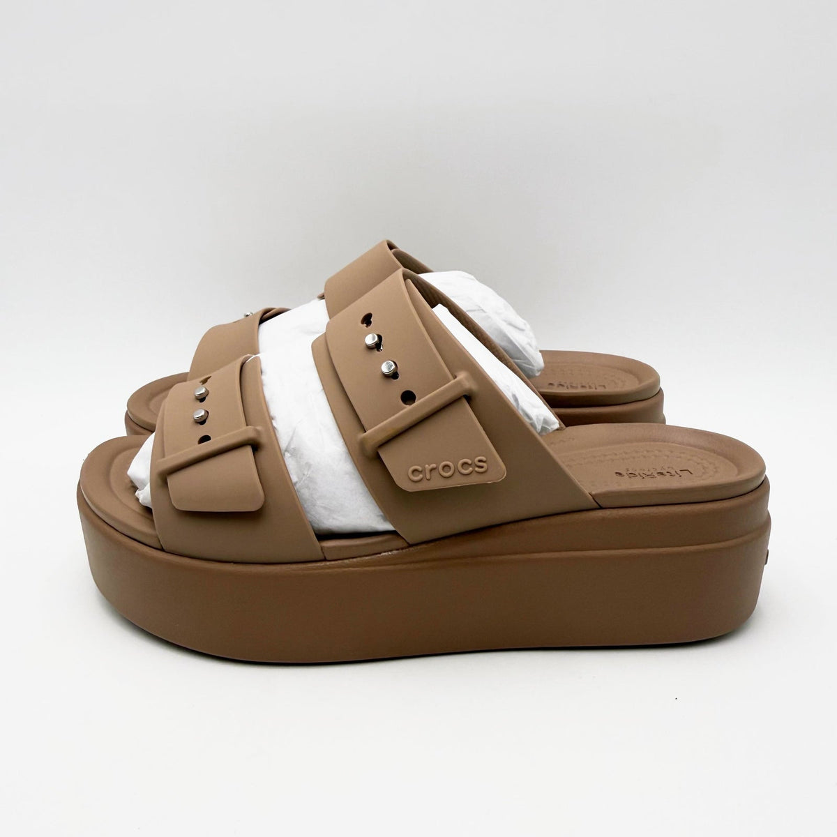 Crocs Womens Brooklyn Buckle Low Wedge Sandals Size 5 EU 34-35 Latte Brown NWT