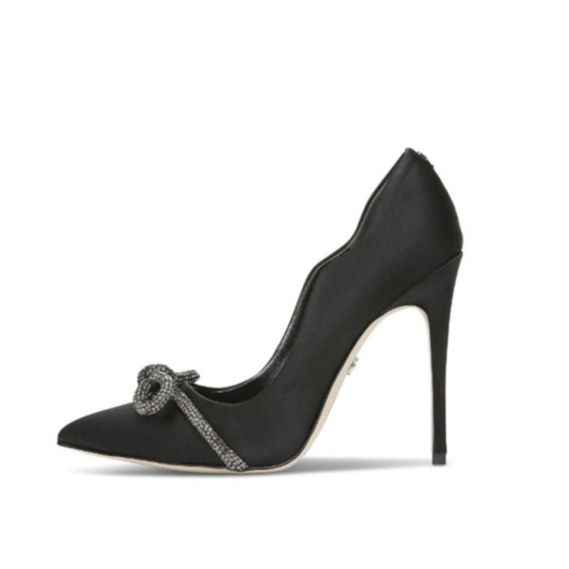 SAM EDELMAN Women's Deela Rhinestone Bow Pumps 9M Black Satin Pointed Toe