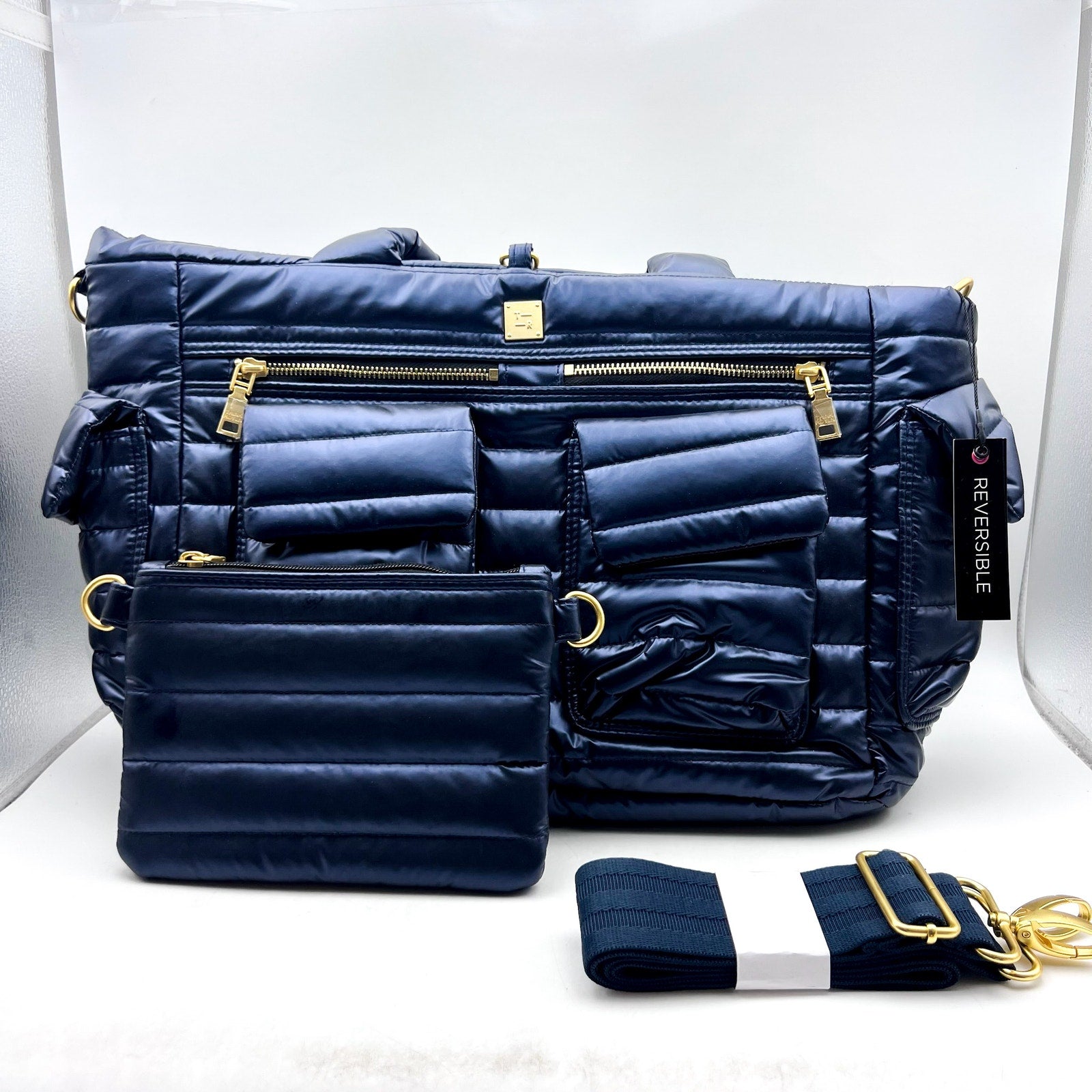 THINK ROYLN Women's Two Faced Reversible Tote Bag Dark Blue NWT