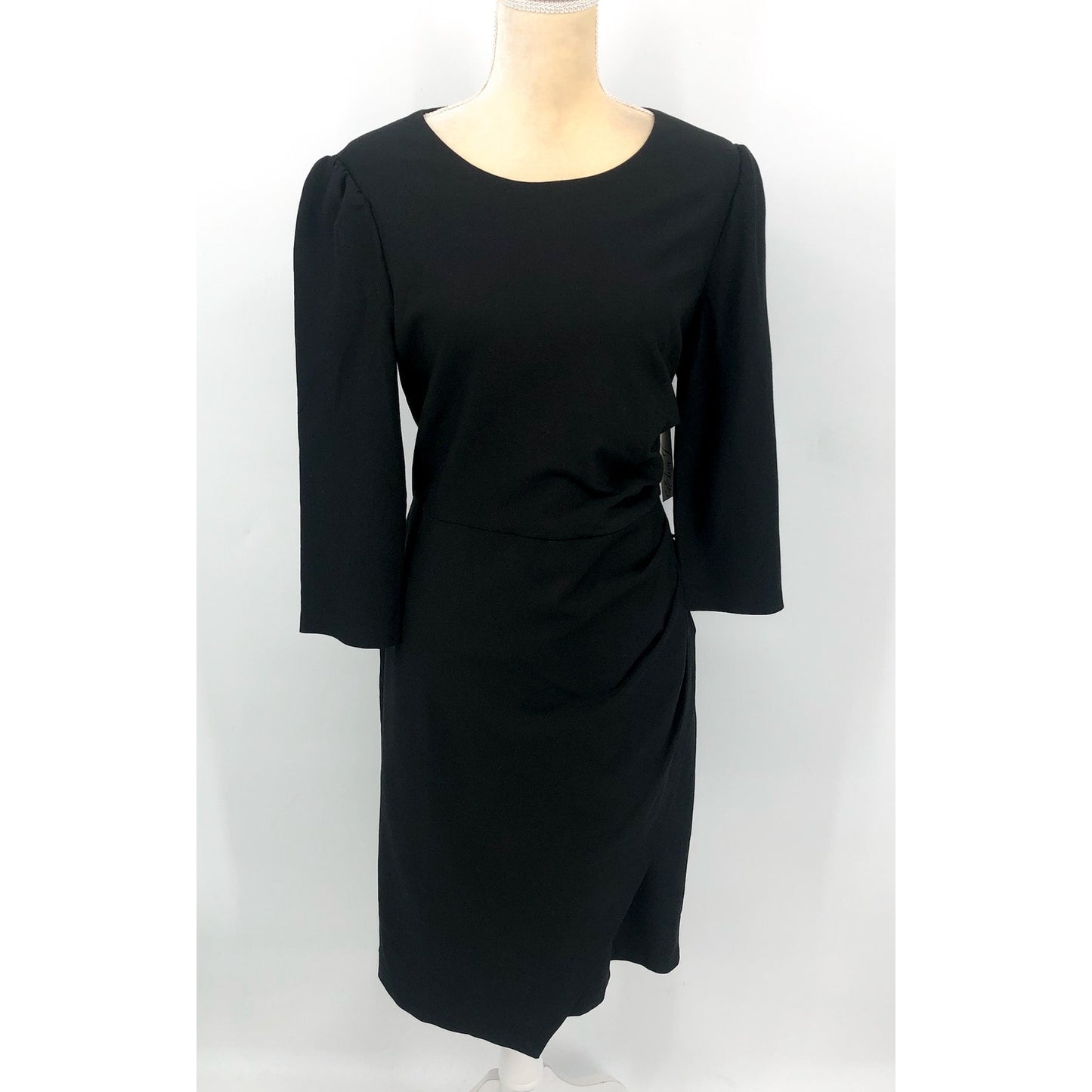 ELIZA J Pleated Faux Wrap Dress Size 14 Black Long Sleeve Knee Length NWT