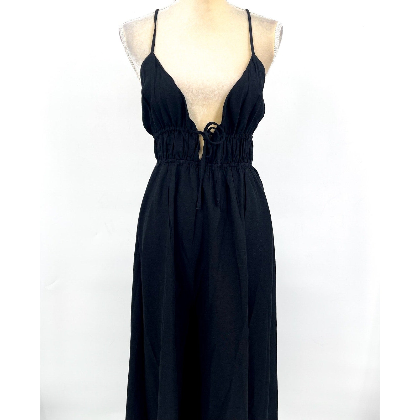 L*SPACE Women's Playa Vista Maxi Dress Medium Black Criss-Cross Linen Cotton NWT