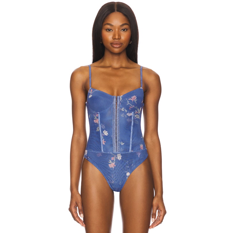 FREE PEOPLE X INTIMATELY FP Night Rhythm Bodysuit Small Blue Floral Corset NWT