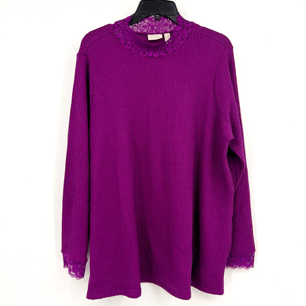 LOGO LORI GOLDSTEIN Metallic Waffle Knit Top 1X Purple Long Sleeve NWOT