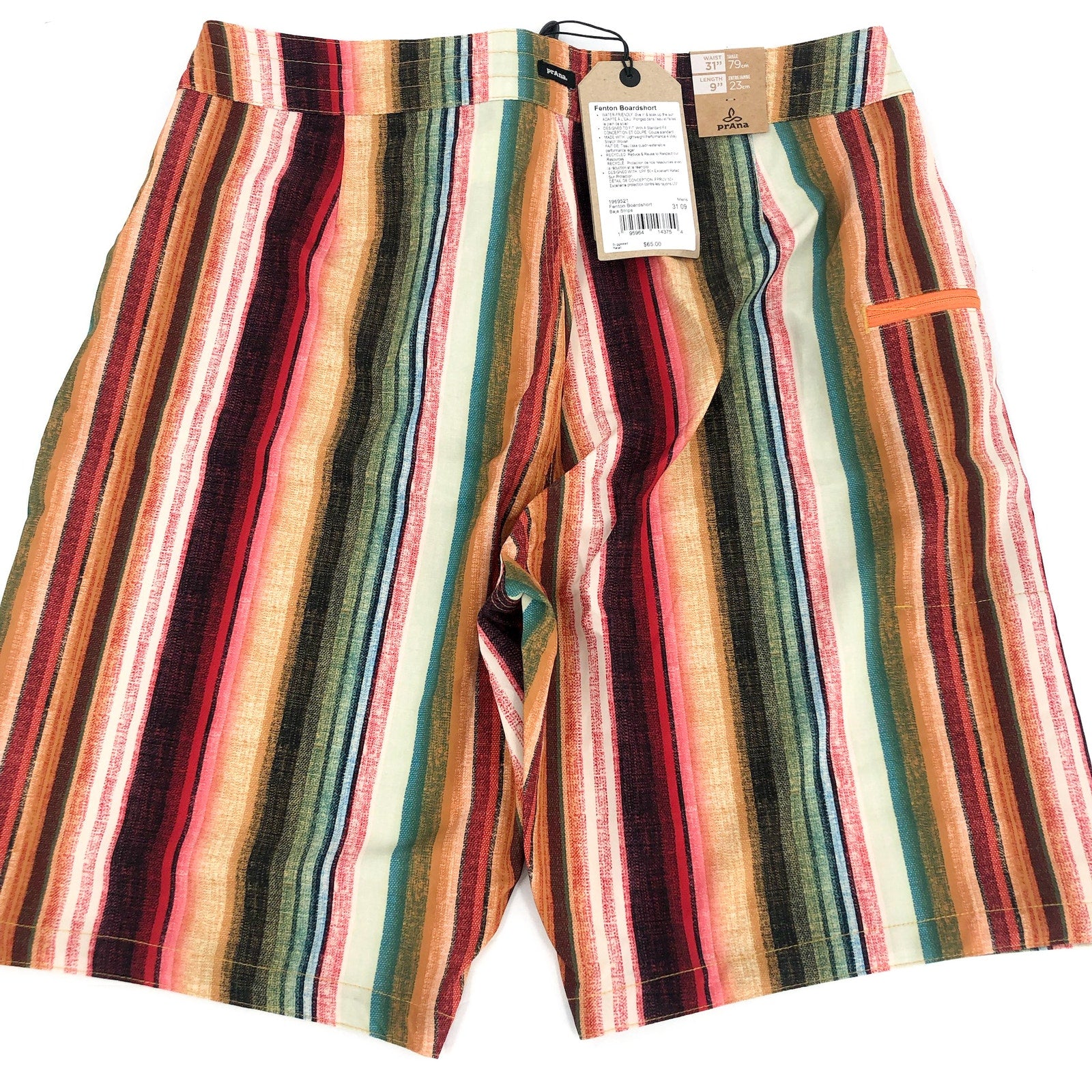 PRANA Mens Fenton Board Shorts Size 31 Small Baja Stripe 9" Inseam UPF 50+ NWT