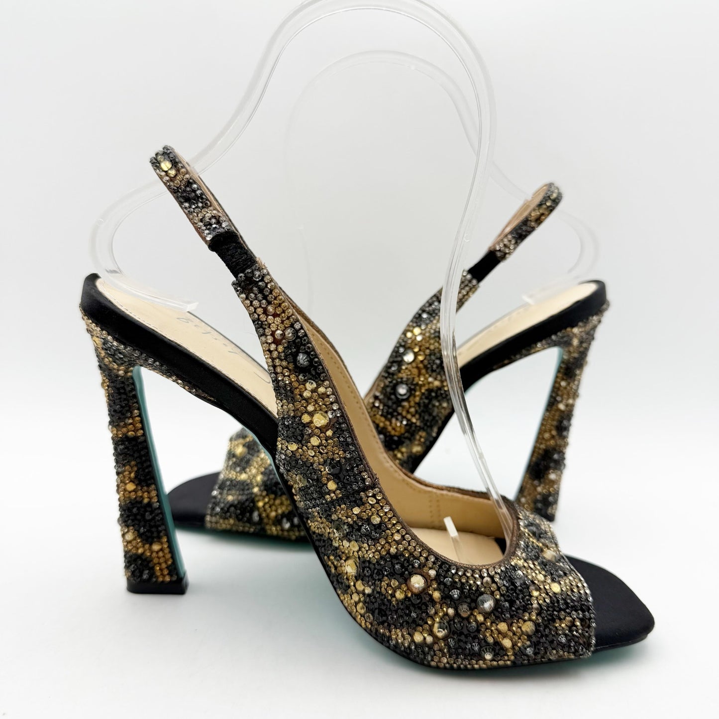 Betsey Johnson Womens Mina Heeled Sandals US 6 M Black Gold Rhinestone NWOB