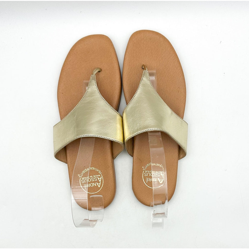 ANDRE ASSOUS Womens Paige Sandal EU 39 US 8-8.5 Metallic Gold Tan Flip Flop NWOB