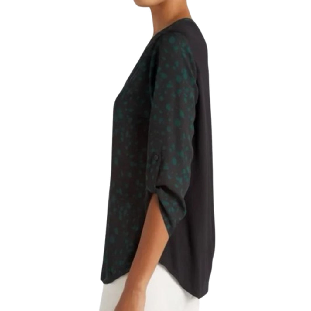 FORTUNE + IVY Womens Tulsa Mixed Material Blouse Small Black Green Abstract NWOT