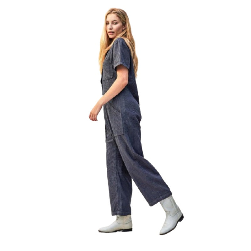 LACAUSA Womens Railroad Lucky Jumpsuit XS Dark Blue Gray Stripe Short Sleeve NWT