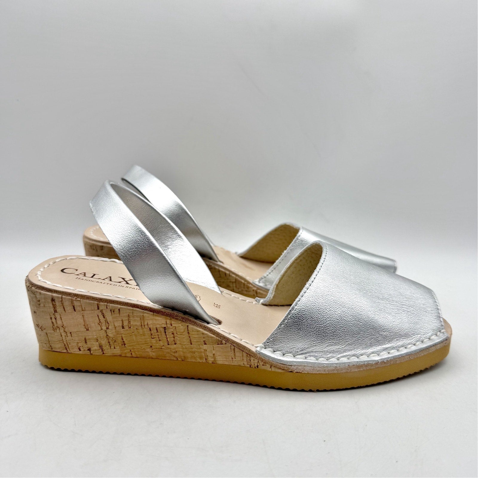 CalaXini Womens Cork Wedge Sandals EU 39 US 8.5-9 Silver Leather NWOB
