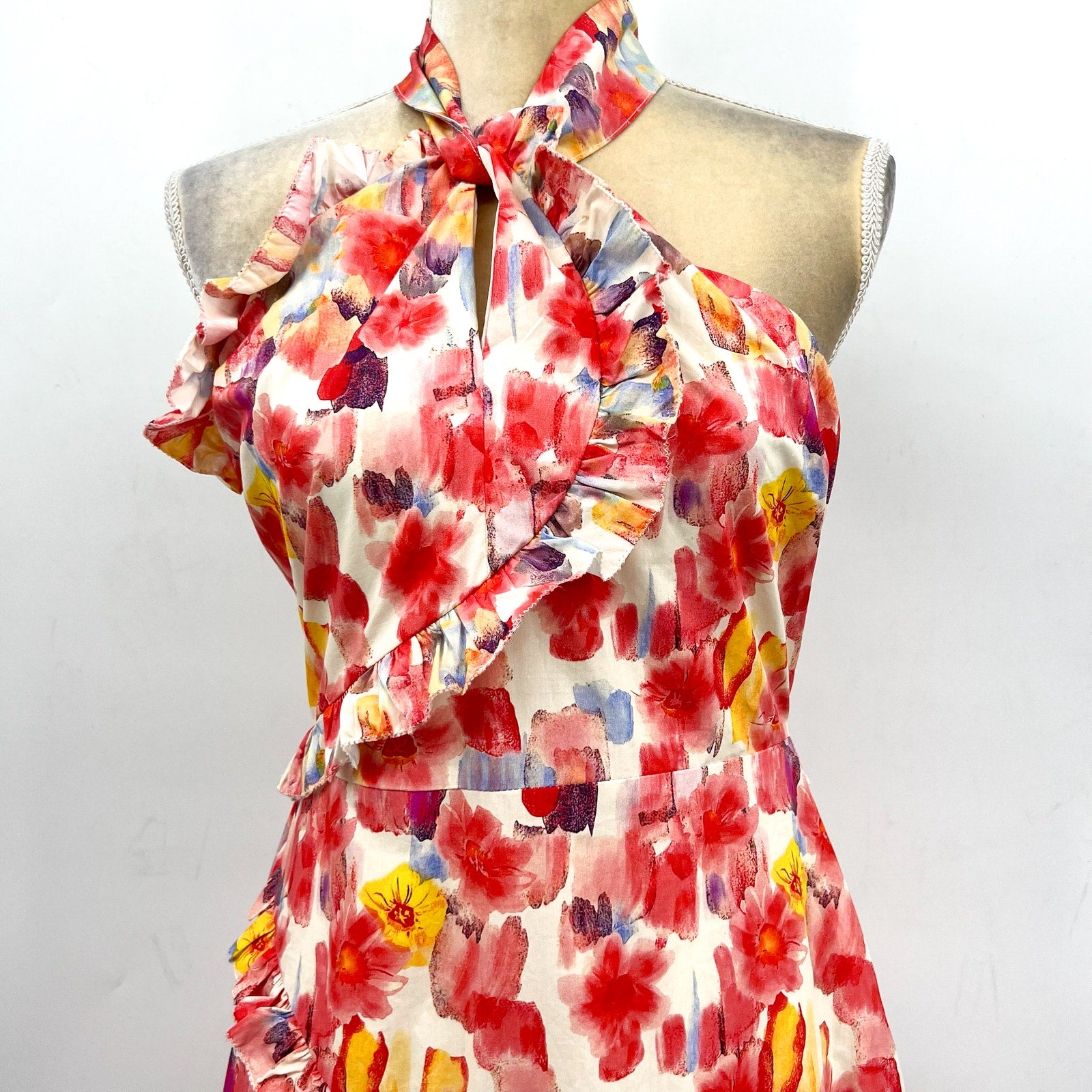 EN SAISON Women's Giada Midi Dress Small Pink Coral Floral Print Halter NWOT