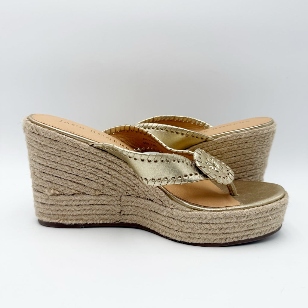 Jack Rogers Womens Rowan Espadrille Sandals Size 8.5 Platinum Gold Leather NWOB