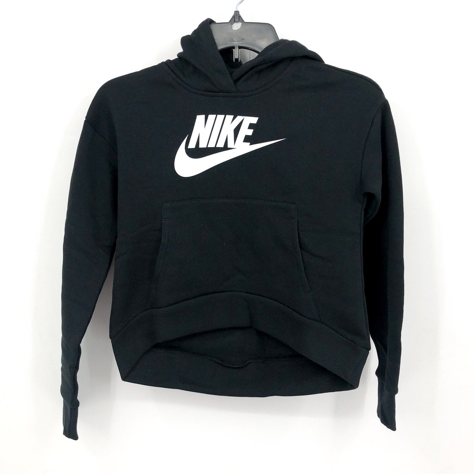NIKE Girls Club Fleece Pullover Hoodie Club XS Black White Sweatshirt NWT