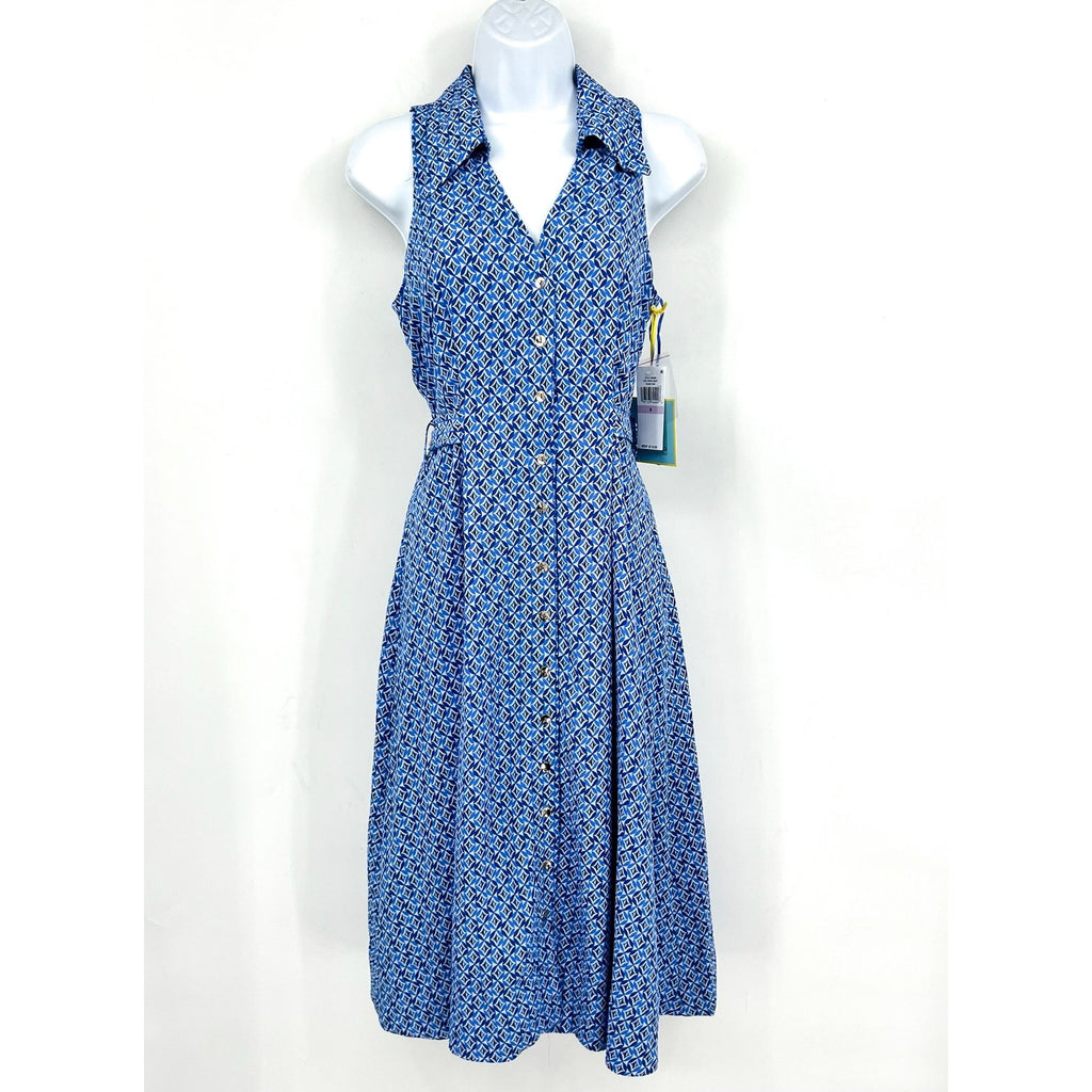 CECE Midi Shirt Dress Size 6 Blue Print Sleeveless V-Neck Belted Waist NWT