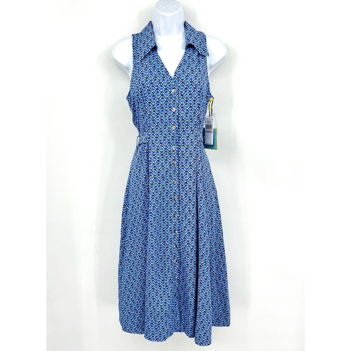 CECE Midi Shirt Dress Size 6 Blue Print Sleeveless V-Neck Belted Waist NWT