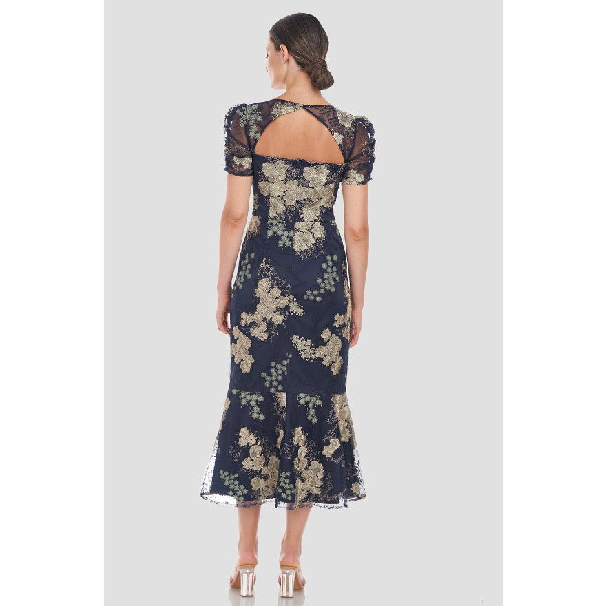JS COLLECTION Women's Hope Flounce Tea Length Dress Size 2 Navy Jade Floral NWT