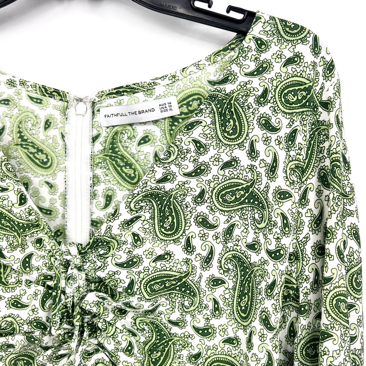FAITHFULL THE BRAND Women's Bell Sleeve Top Size 10 Green Paisley NWOT