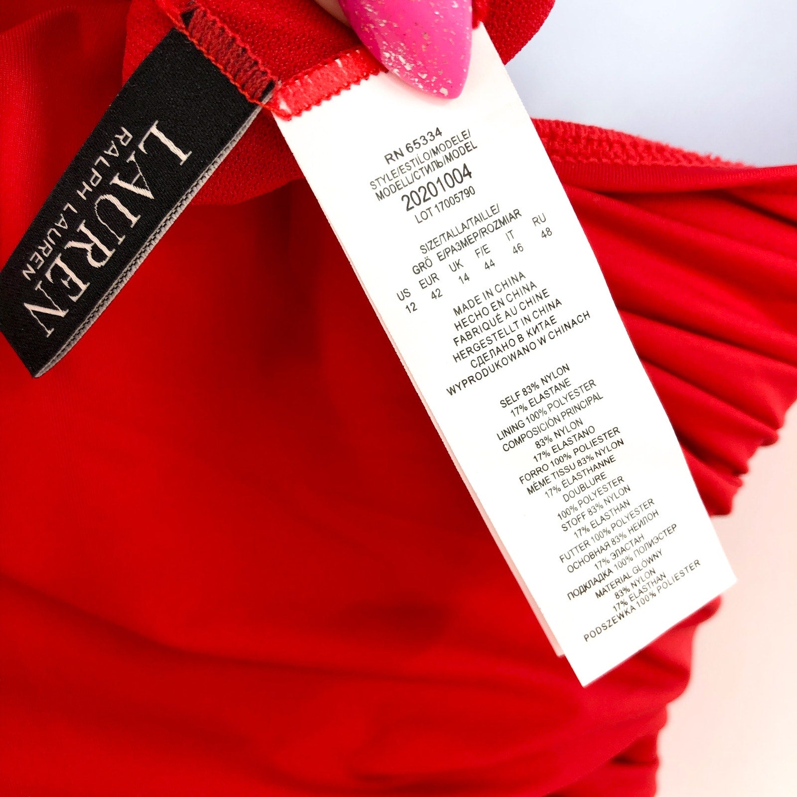 LAUREN RALPH LAUREN Double Strap One Piece Swimsuit Size 12 Red One Shoulder NWT