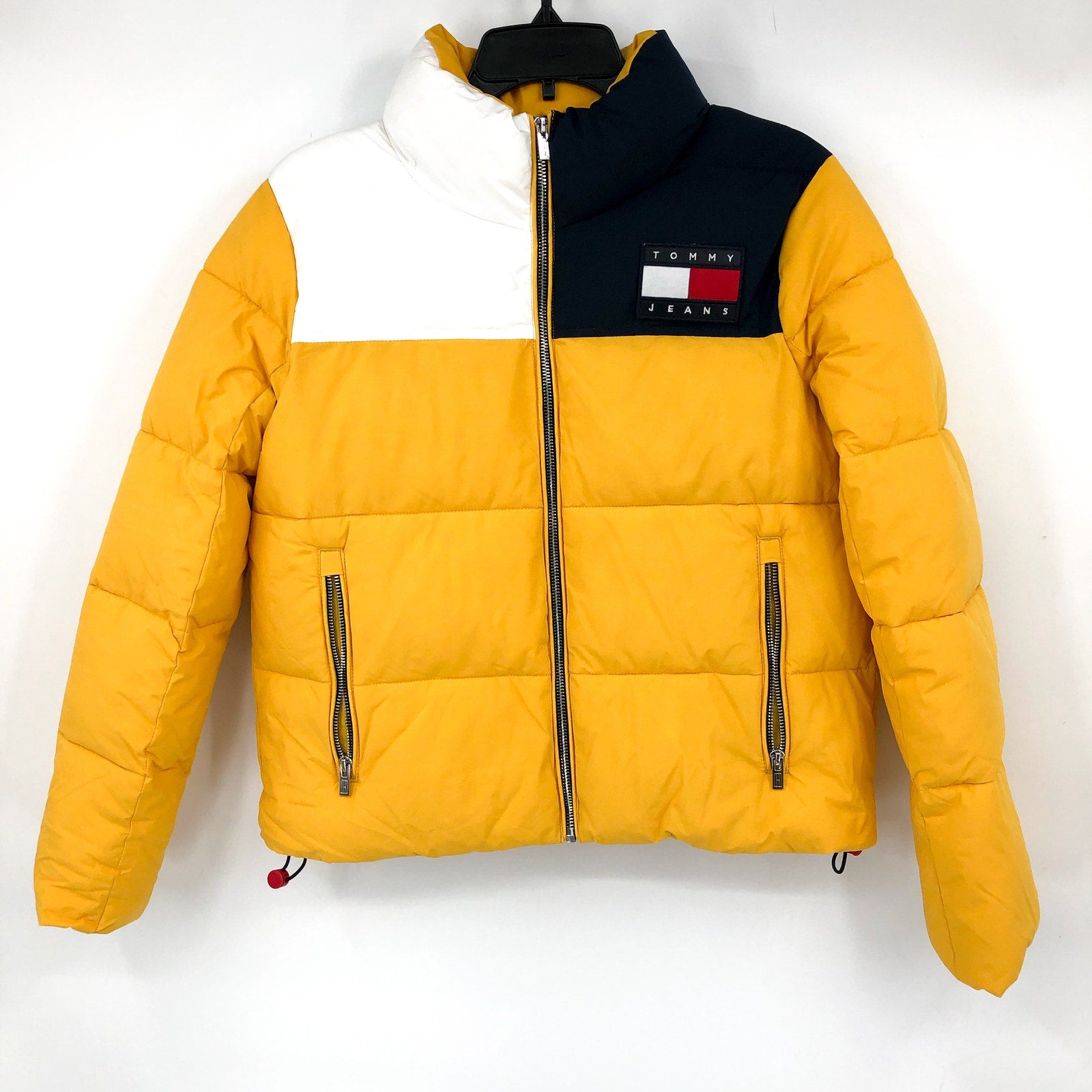 TOMMY JEANS Womens Big Logo Puffer Coat XS Yellow White Blue Ski Jacket NWT