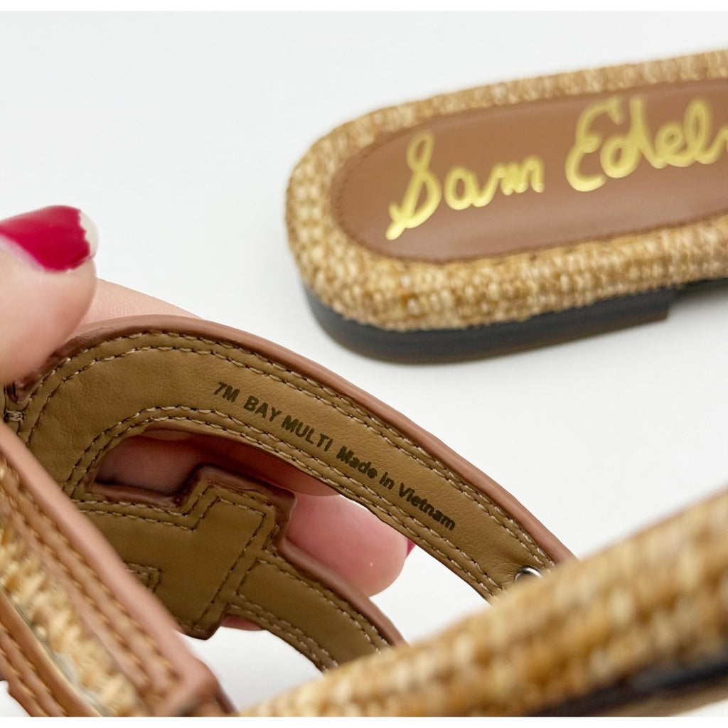 Sam Edelman Women's Bay Slide Sandals Size 7 EU 37 Tan Raffia Flats NIB