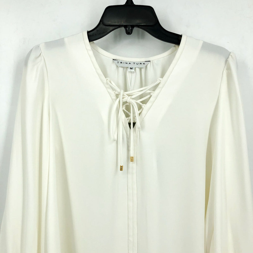 TRINA TURK Women's Zahara Lace Up Top Medium White Whitewash Balloon Sleeve NWT