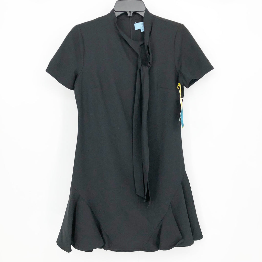 CECE Ruffled Bow Neck Mini Dress Size 10 Black Short Sleeve Fit & Flare NWT