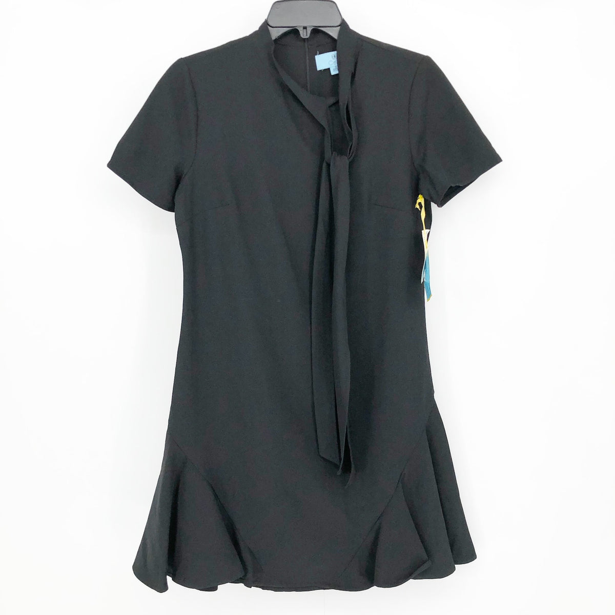 CECE Ruffled Bow Neck Mini Dress Size 10 Black Short Sleeve Fit & Flare NWT