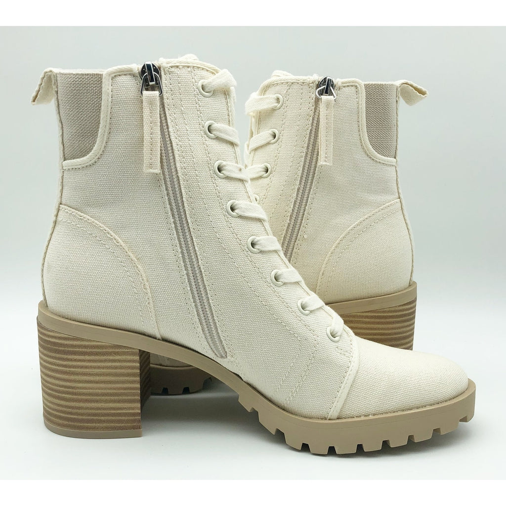 Dolce Vita Womens Combat Boots Size 8.5 Stacked Heel Off White Canvas NWOB