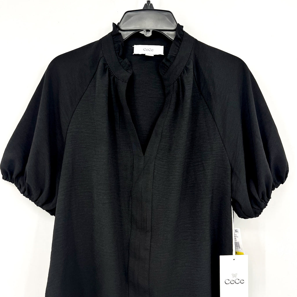 CECE Women's Ruffle Neck Blouse Top Medium Rich Black Raglan Split Seam NWT