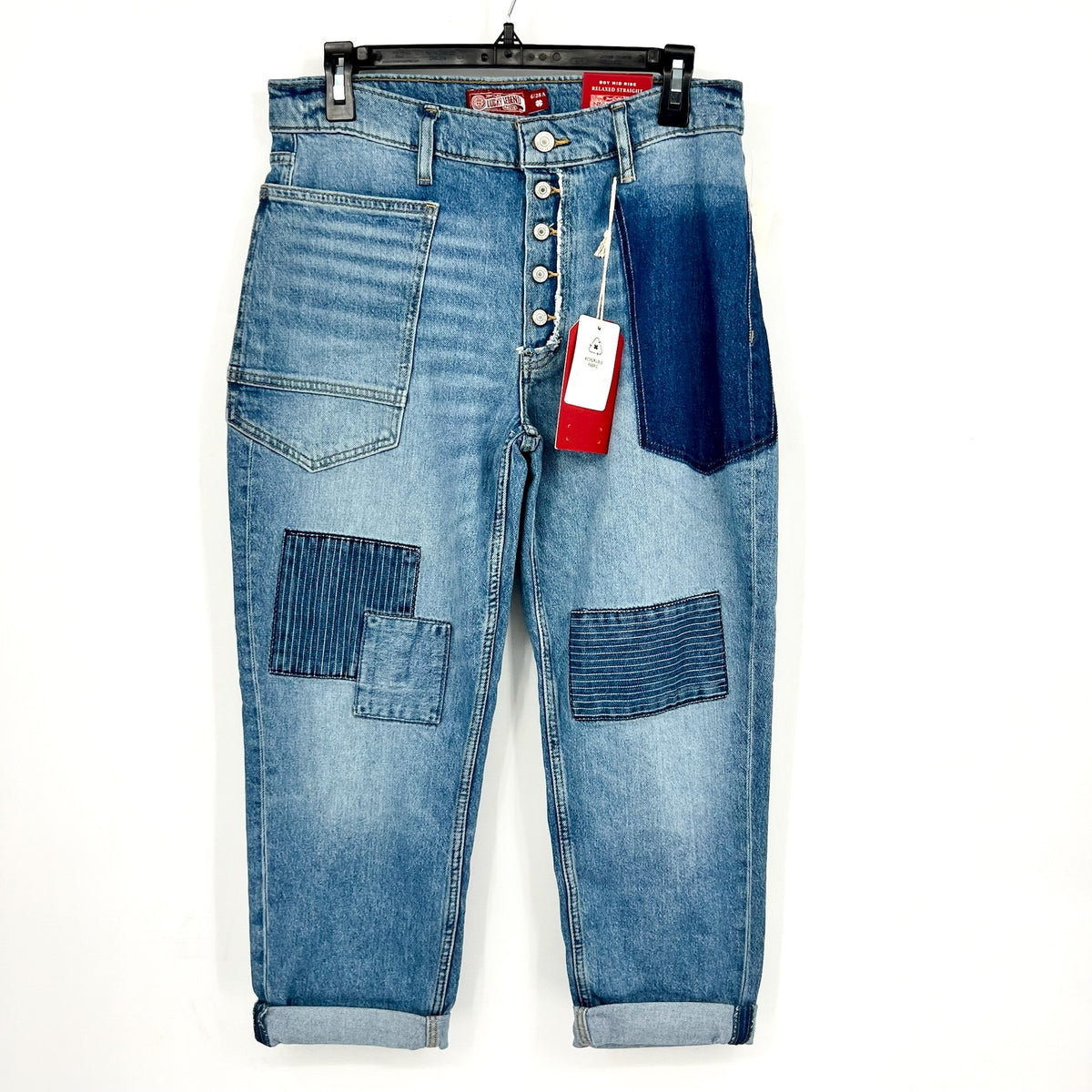 LUCKY BRAND Women's Patched Boy Jeans Size 6 28A Blue Button-Fly Mid-Rise NWT