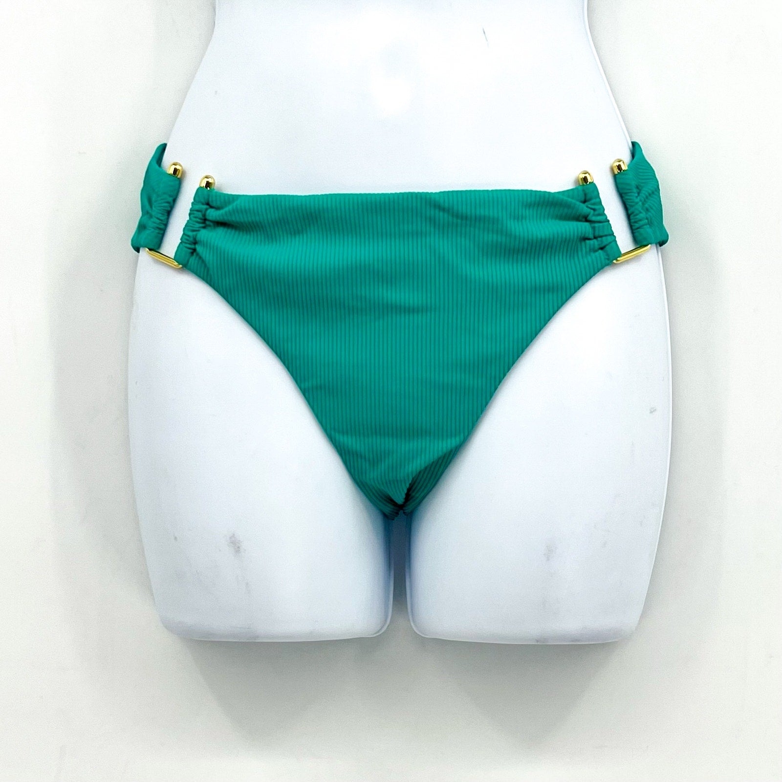 BECCA Women's Modern Edge Buckle Hipster Bikini Bottoms Small Green Peacock NWOT