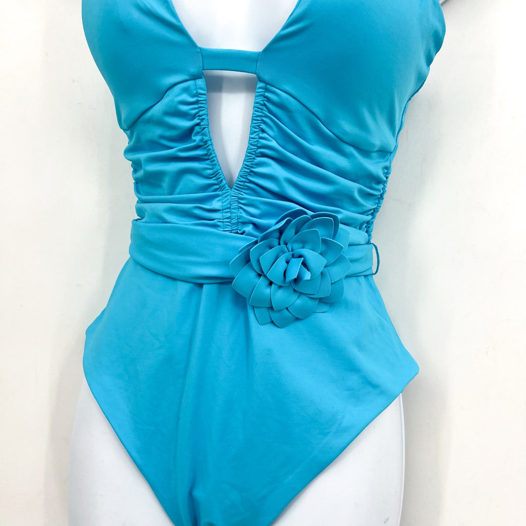 BECCA Garden Of Eden Magnolia Plunge One Piece Swimsuit Large Pool Blue NWT