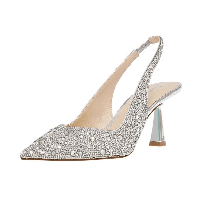 Betsey Johnson Womens Mya Pump US 8.5 M Silver Rhinestone Satin NWOB