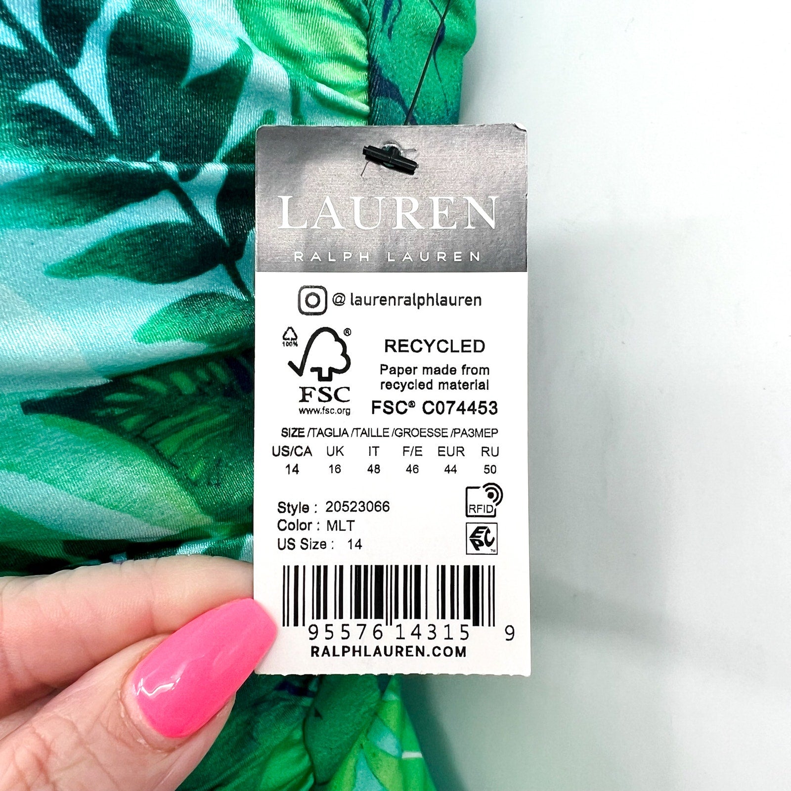 LAUREN RALPH LAUREN Women's One-Piece Swimsuit Size 14 Green Cartago Palms NWT