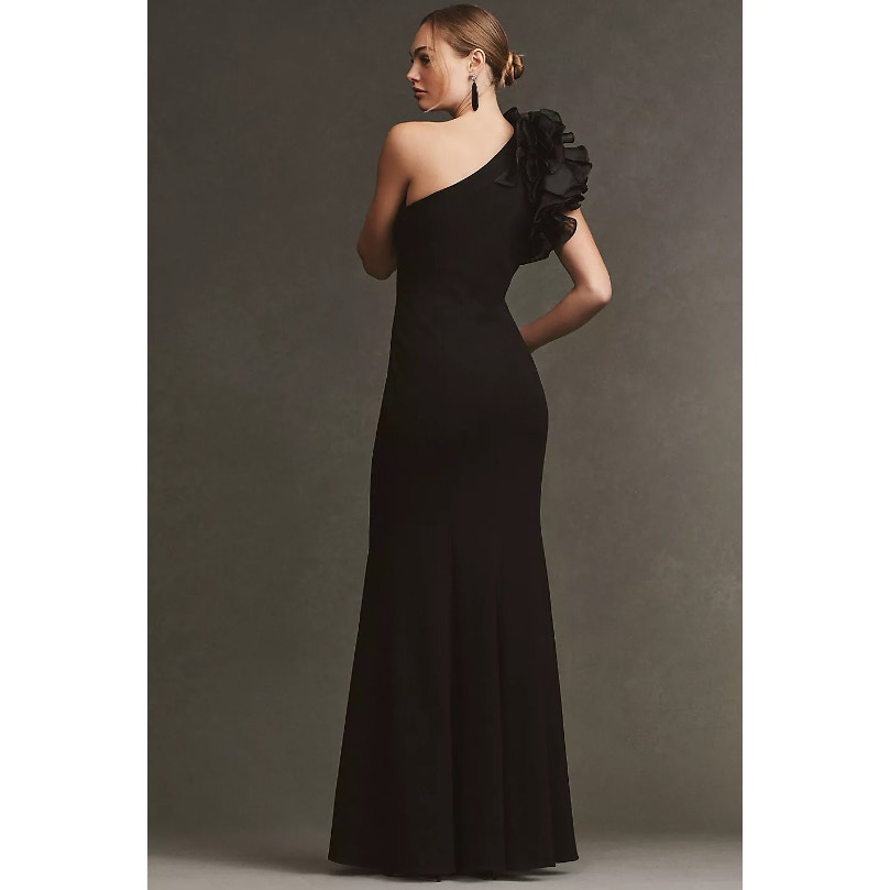 AIDAN MATTOX Women's One-Shoulder Organza Ruffle Gown Size 4 Black NWT