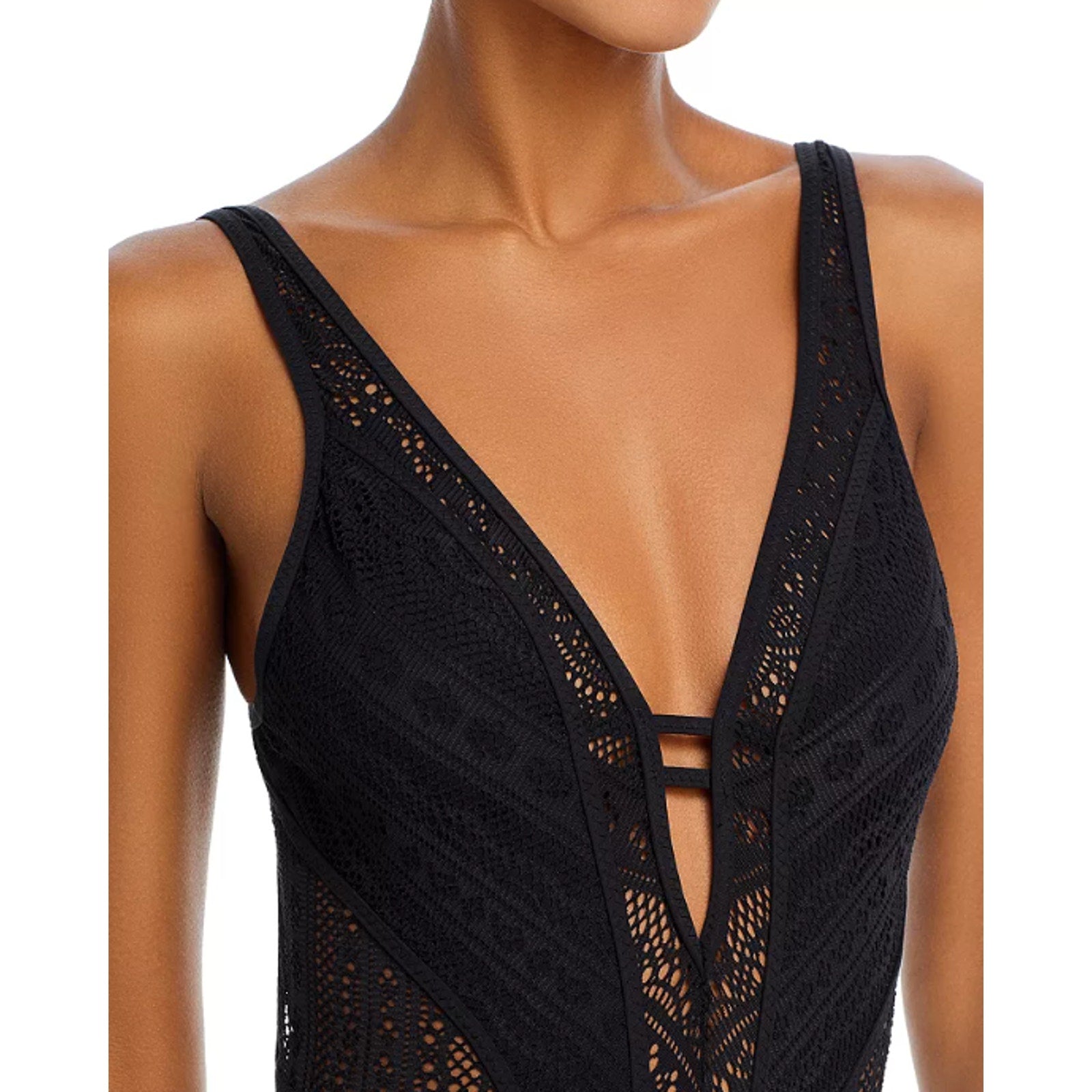 BECCA Womens Color Play Crochet Plunge One Piece Swimsuit Large Black NWT