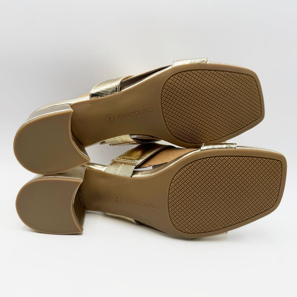 Bandolino Womens Merring Block Heel Slide Sandals Size 9 Gold Lizard NIB