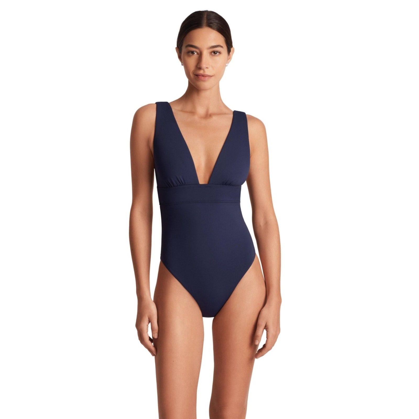 Lauren Ralph Lauren Sculpting One-Piece Swimsuit Size 6 Navy Blue Vneck NWT