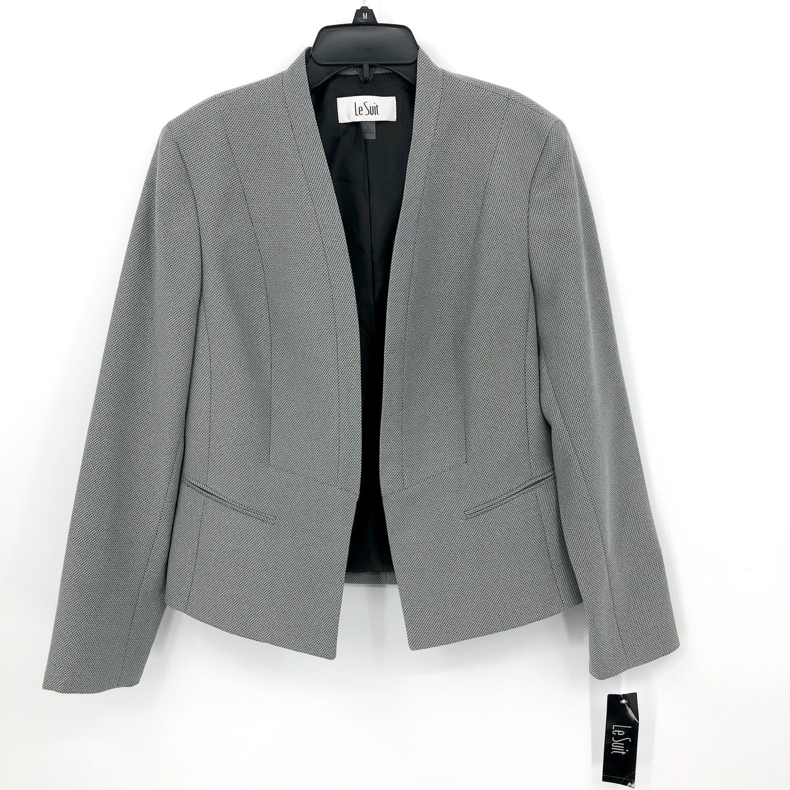 LE SUIT Collarless Open-Front Suit Jacket 6 Black White Micro Pattern Blazer NWT