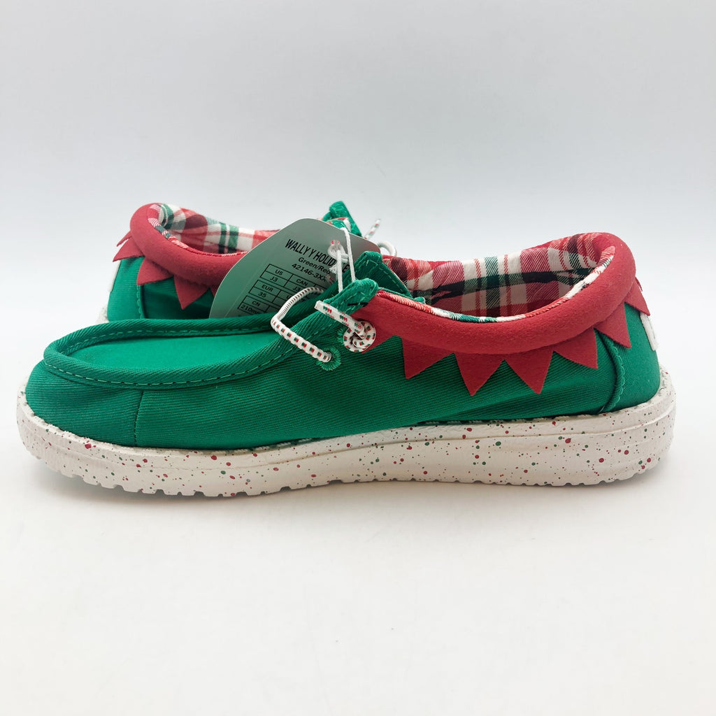 Hey Dude Kids Wally Holiday Elf Slip-On Casual Shoes 5 YOUTH Green Red NWOB