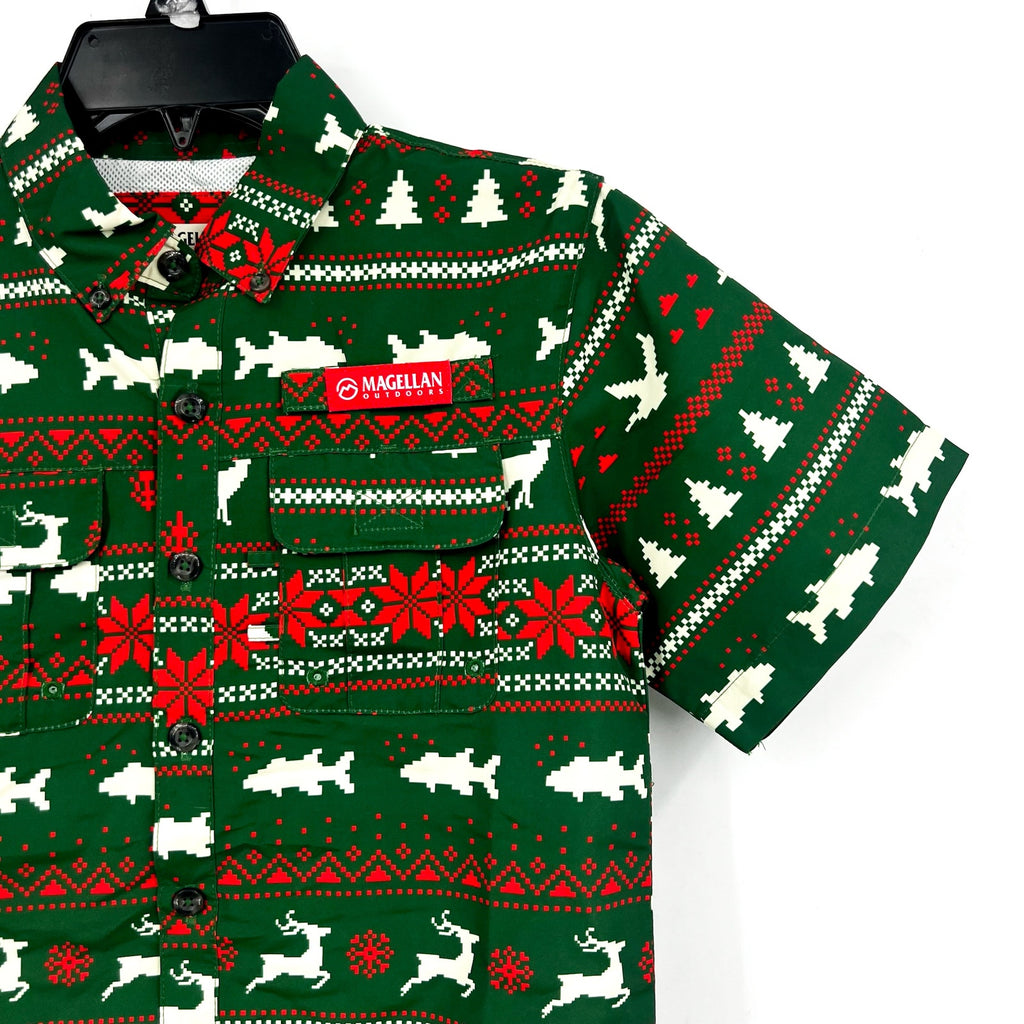Magellan Boys Laguna Madre Holiday Fair Isle Fishing Shirt Small Green Red NWOT